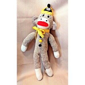 Sock Monkey Volleyball Hat Hand-Knit Plush 19-in Yellow White Dots Ribbon Gift